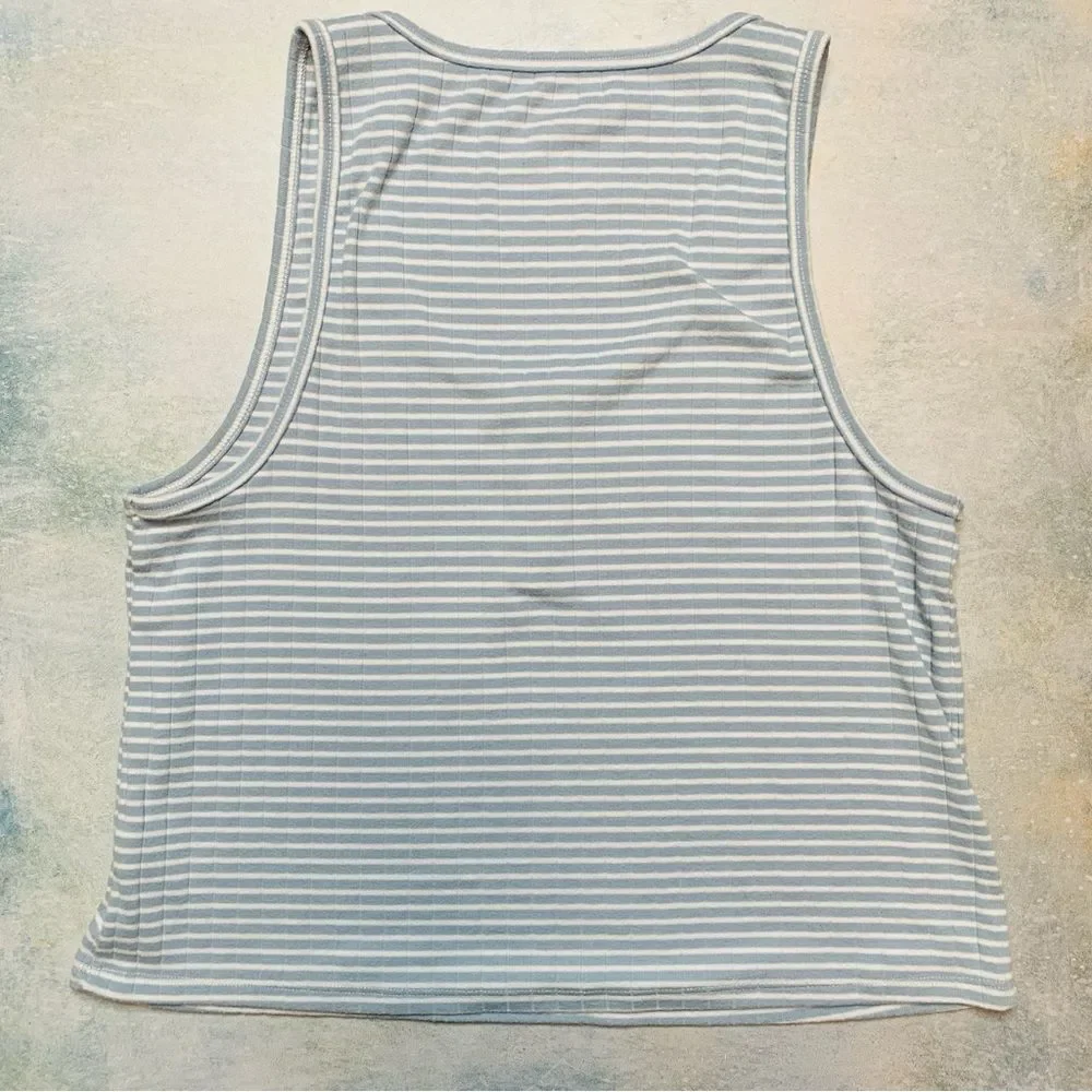 Aerie Blue & White Striped Ribbed Cropped Henley Tank Top | Medium - Picture 5 of 7